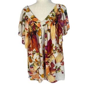 Sunny Leigh Womens Size XL Tropical Floral Ruffle V-Neck Flowy Flutter Blouse
